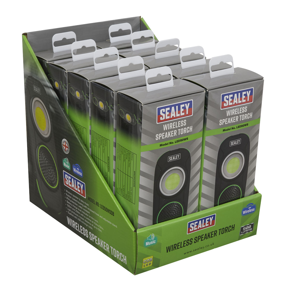 Rechargeable Torch with Wireless Speaker 10W COB LED - Display Box of 10 LED50WSDB