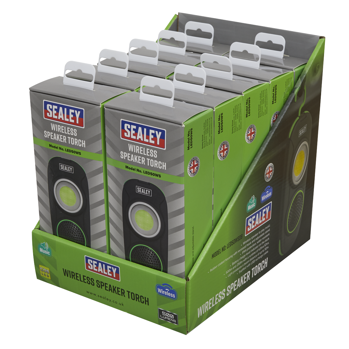 Rechargeable Torch with Wireless Speaker 10W COB LED - Display Box of 10 LED50WSDB