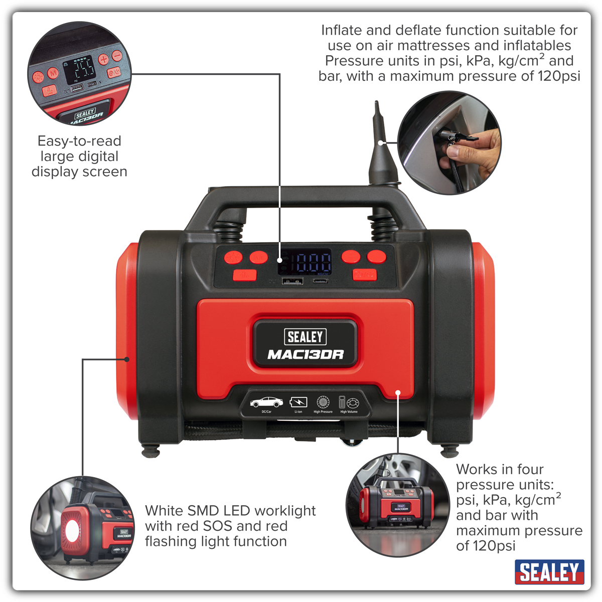 Rechargeable Tyre Inflator & High Volume Air Pump 12V MAC13DR