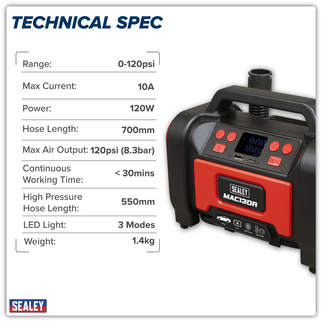 Rechargeable Tyre Inflator & High Volume Air Pump 12V MAC13DR