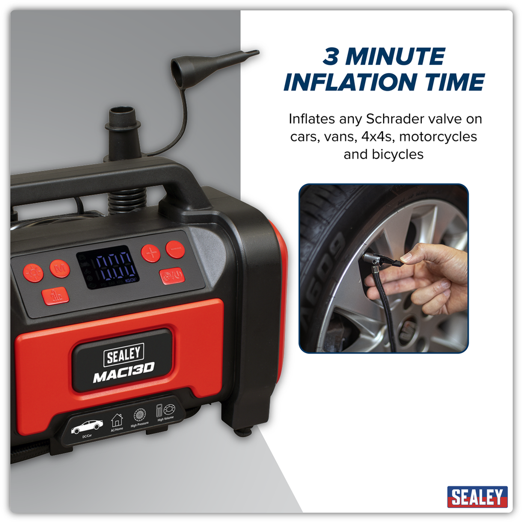 Tyre Inflator & High Volume Air Pump 12V/230V AC MAC13D