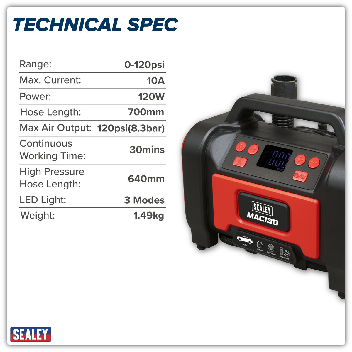 Tyre Inflator & High Volume Air Pump 12V/230V AC MAC13D