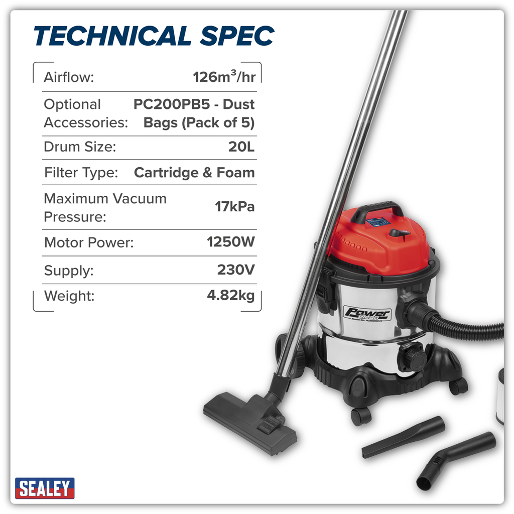 20L Vacuum Cleaner Wet & Dry Stainless Drum 1250W/230V PC200SD