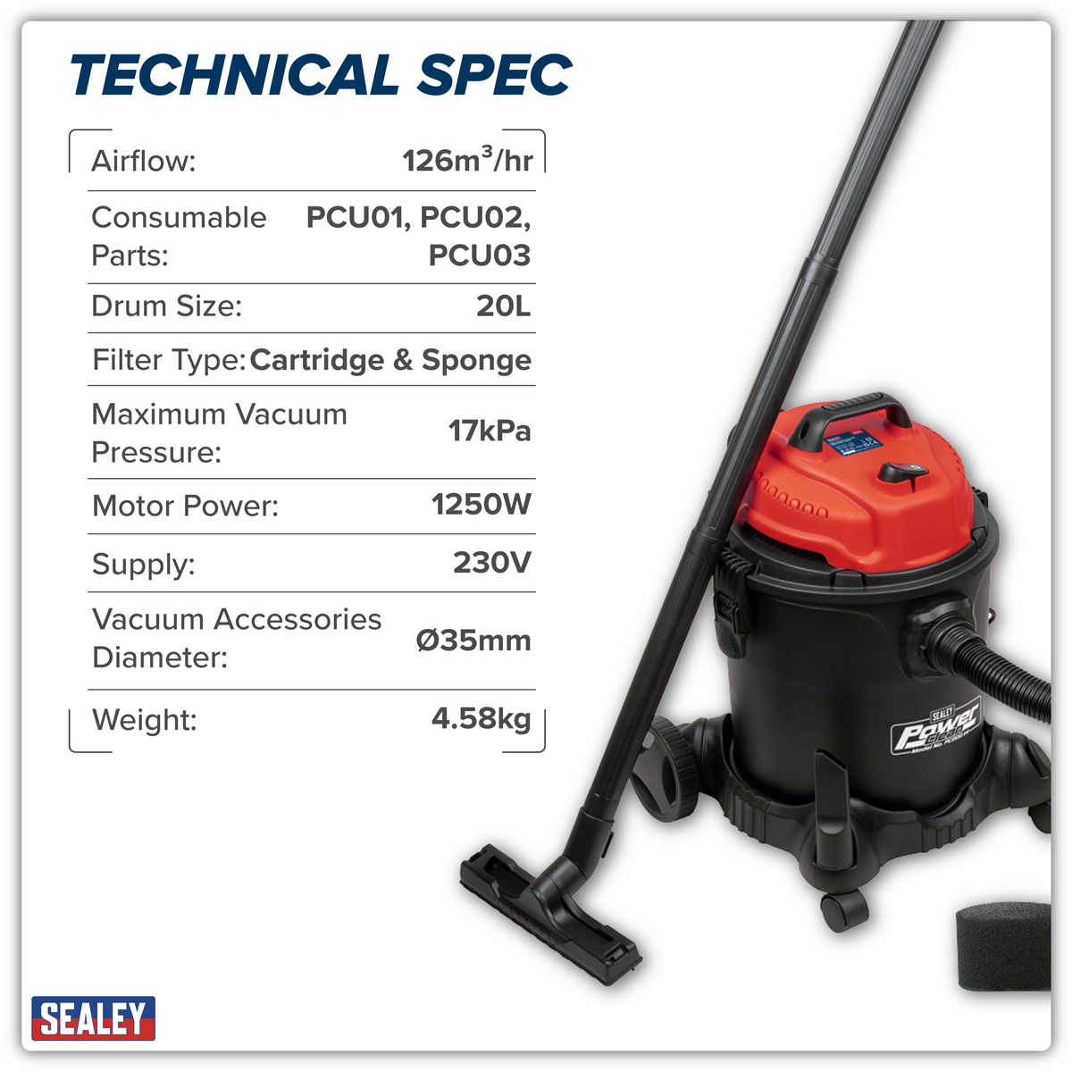 20L Vacuum Cleaner Wet & Dry 1250W/230V PC200