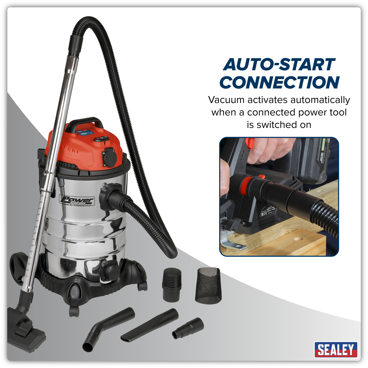 30L Industrial Vacuum Cleaner Wet & Dry with Stainless Steel Drum & Auto-Start 1400W/230V PC300SDAUTO