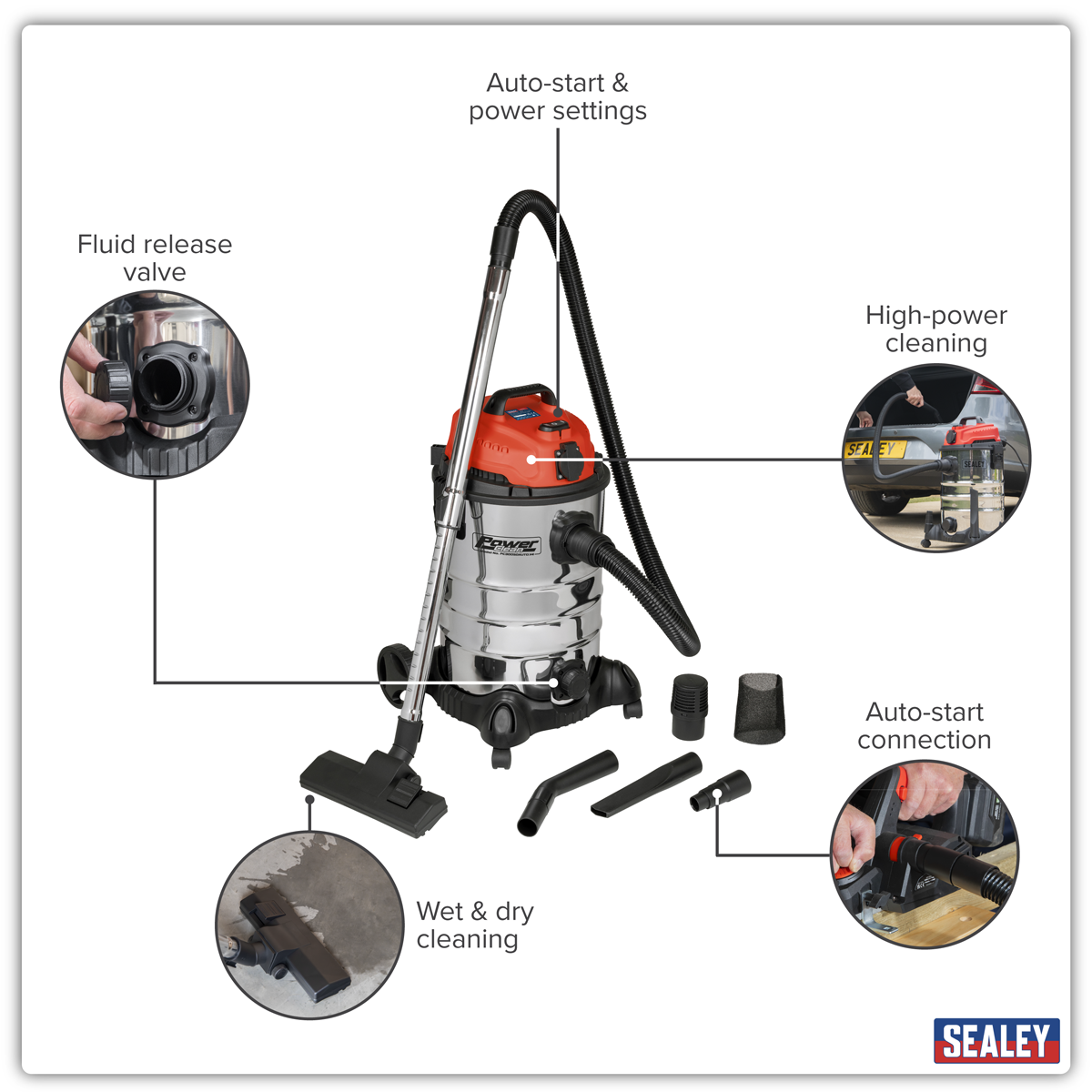 30L Industrial Vacuum Cleaner Wet & Dry with Stainless Steel Drum & Auto-Start 1400W/230V PC300SDAUTO
