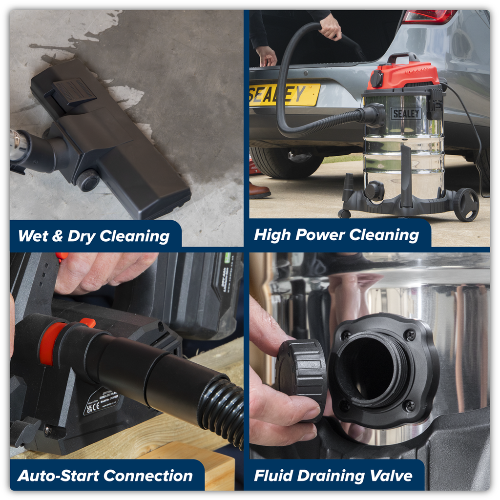 30L Industrial Vacuum Cleaner Wet & Dry with Stainless Steel Drum & Auto-Start 1400W/230V PC300SDAUTO