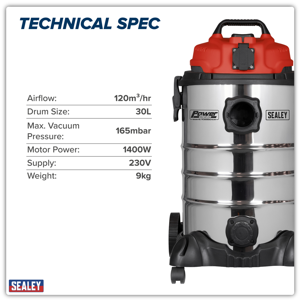 30L Industrial Vacuum Cleaner Wet & Dry with Stainless Steel Drum & Auto-Start 1400W/230V PC300SDAUTO