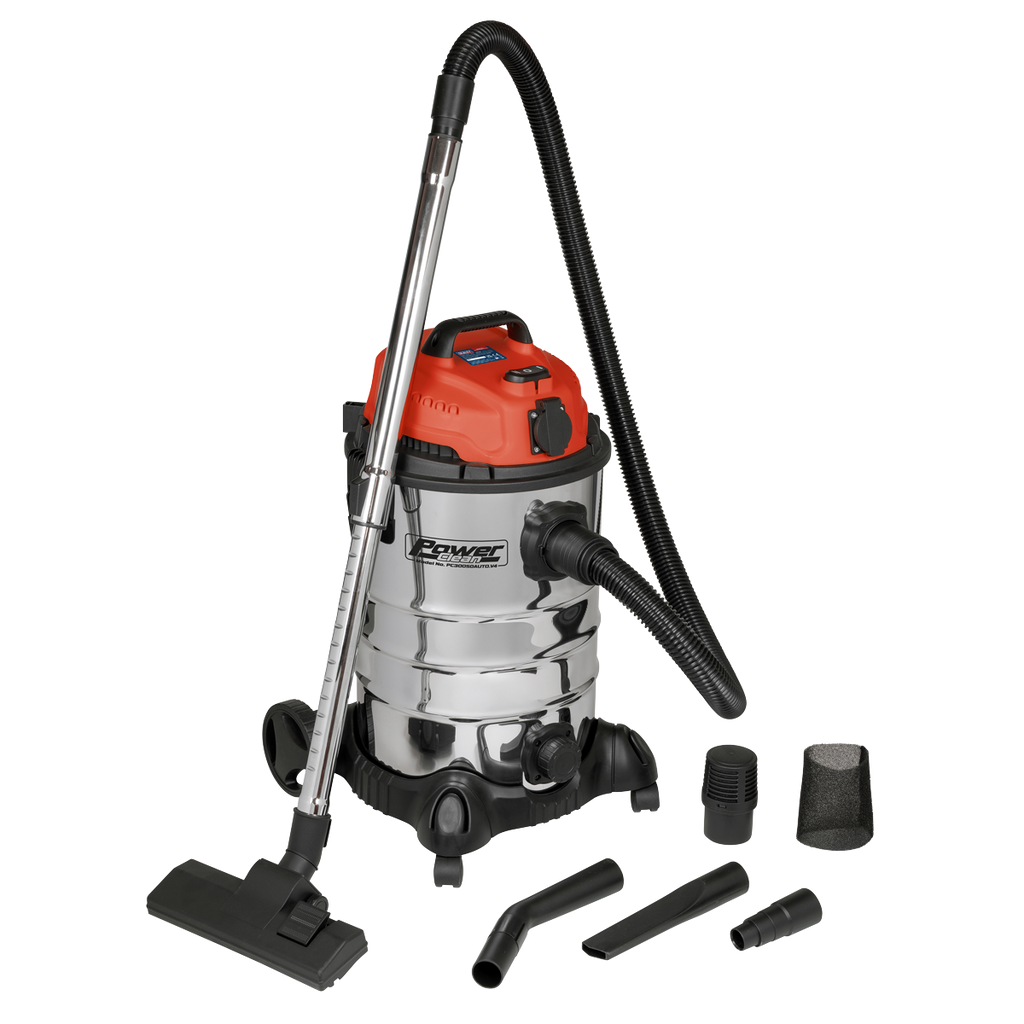 30L Industrial Vacuum Cleaner Wet & Dry with Stainless Steel Drum & Auto-Start 1400W/230V PC300SDAUTO