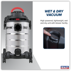 30L Vacuum Cleaner Wet & Dry with Stainless Steel Drum & Detachable Leaf Blower 1200W/230V PC300SD