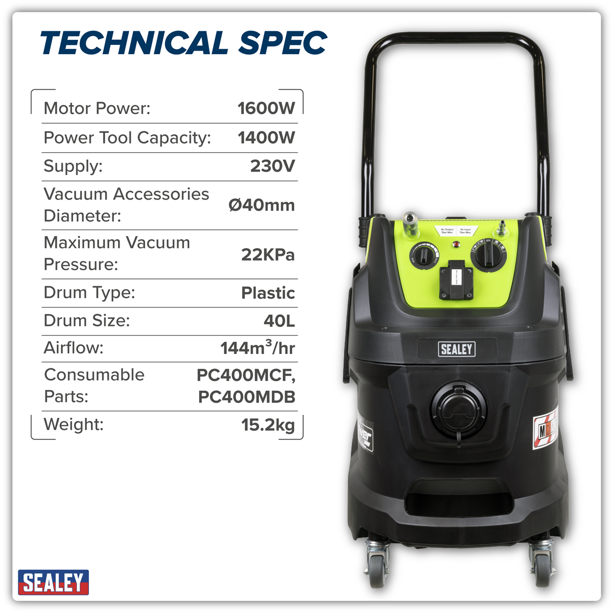 40L M Class Dust-Free Industrial Wet & Dry Vacuum Cleaner with Autostart for Air/Electric Power Tools 1600W/230V PC400MA