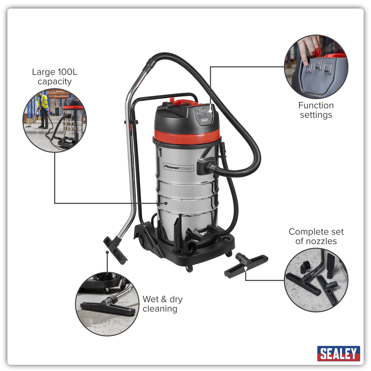 100L Vacuum Cleaner Wet & Dry with Stainless Steel Drum 3000W/230V PC4100