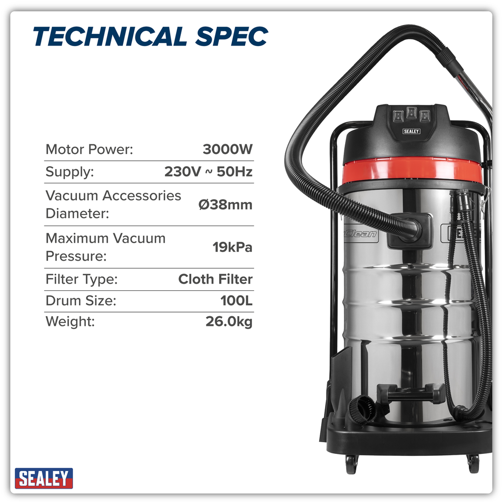 100L Vacuum Cleaner Wet & Dry with Stainless Steel Drum 3000W/230V PC4100