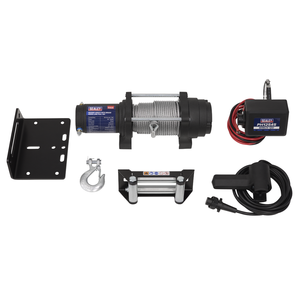 Geared Winch with Brake 450kg Line Pull 12V PH12545