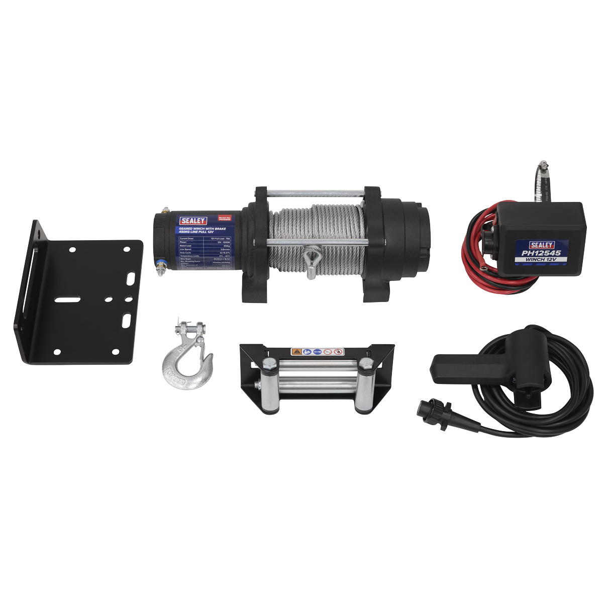 Geared Winch with Brake 450kg Line Pull 12V PH12545