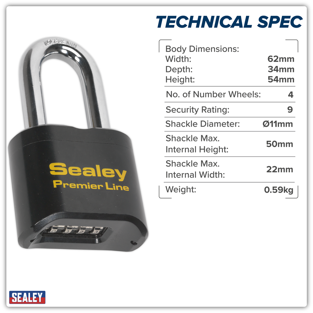 Steel Body Combination Padlock Long Shackle 62mm PL603L