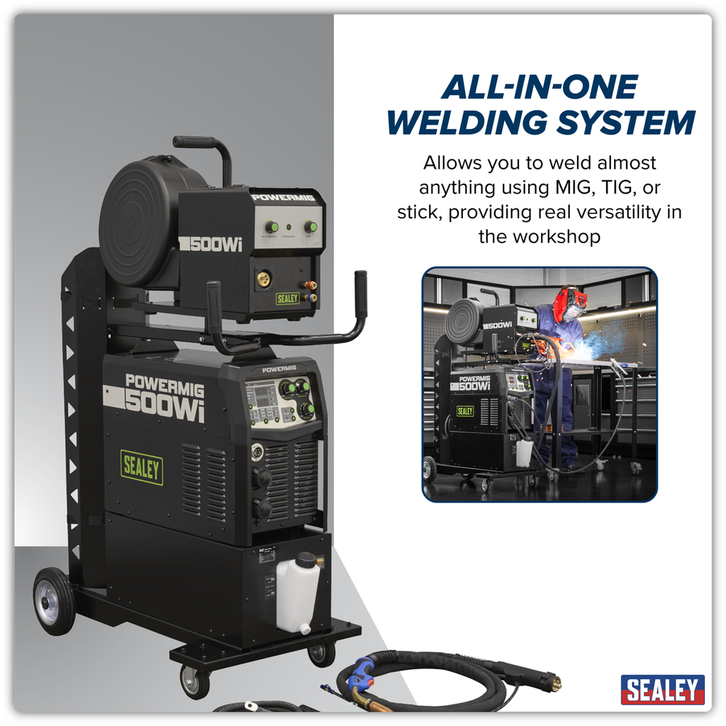 500A Professional Gas/Gasless MIG/TIG/MMA Inverter Welder with Portable Wire Feeder & Water Cooler 400V 3ph POWERMIG500Wi