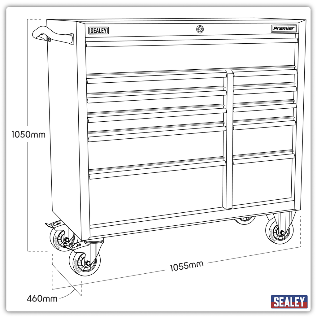 Heavy-Duty Extra-Wide Rollcab 11 Drawer 1055mm - Black PTB105511