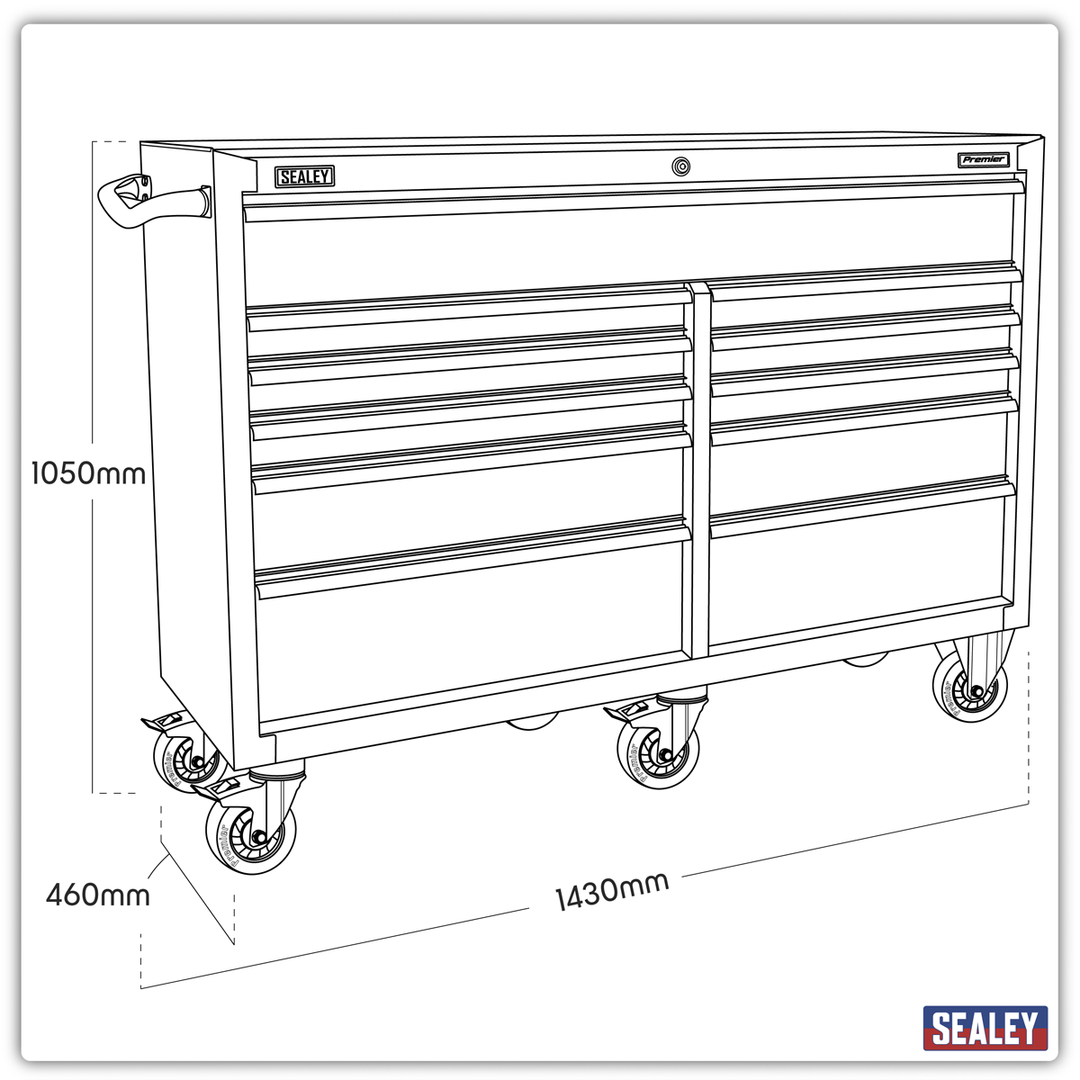 Heavy-Duty Extra-Wide Rollcab 11 Drawer 1430mm - Black PTB143011