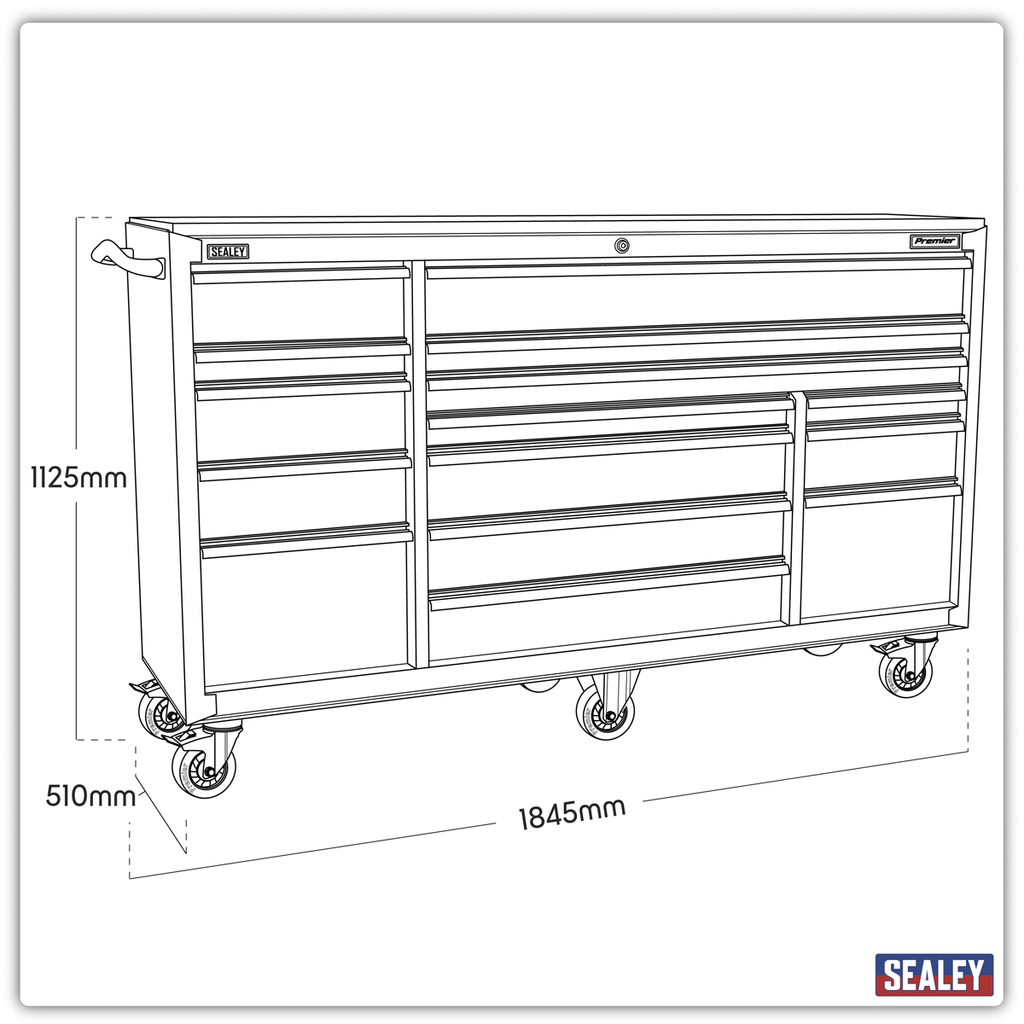 Heavy-Duty Extra-Wide Rollcab 15 Drawer 1845mm PTB183015