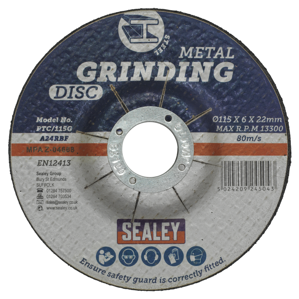 115 x 6mm Grinding Disc 22mm Bore - Pack of 12 PTC115G12