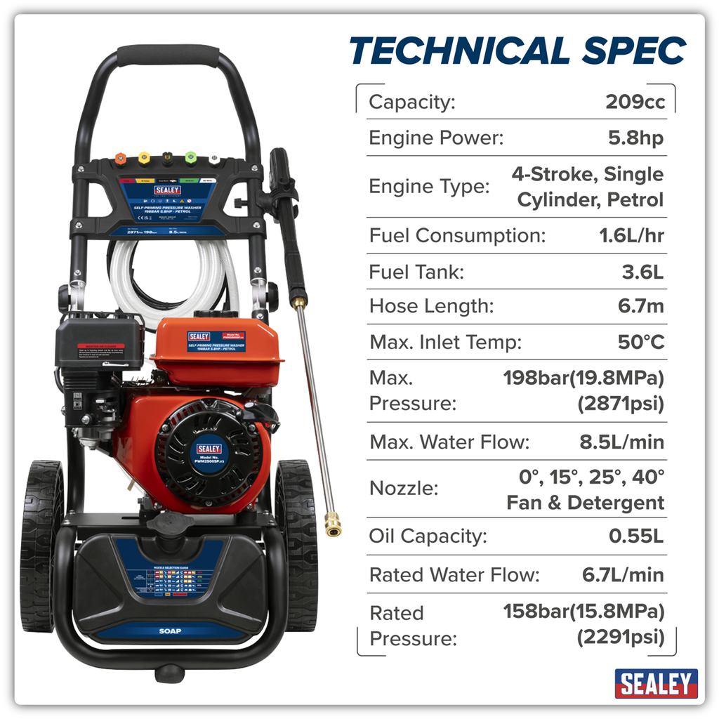 Pressure Washer 198bar 513L/hr Self-Priming 5.8hp Petrol PWM2500SP