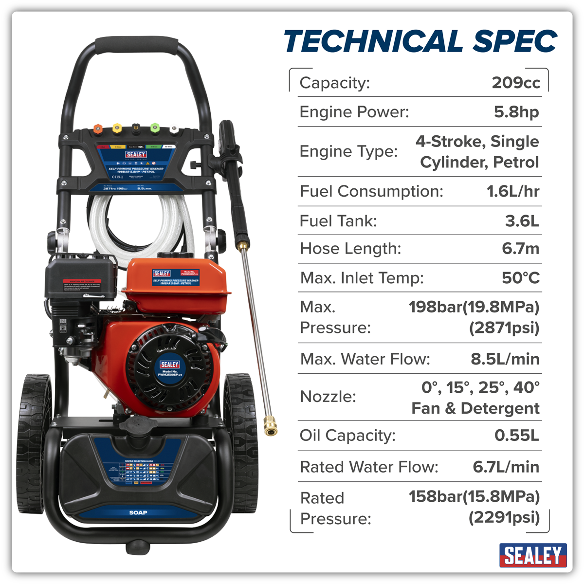 Pressure Washer 198bar 513L/hr Self-Priming 5.8hp Petrol PWM2500SP