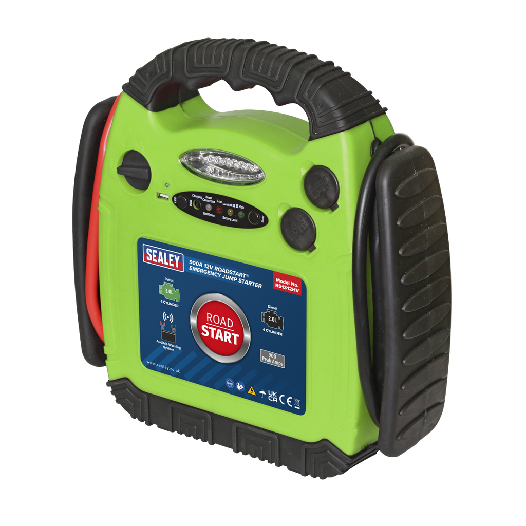 12V RoadStart® Emergency Jump Starter 900 Peak Amps - Hi-Vis Green RS1312HV