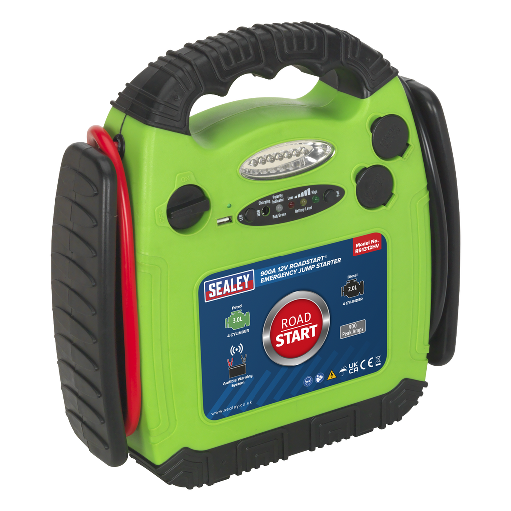 12V RoadStart® Emergency Jump Starter 900 Peak Amps - Hi-Vis Green RS1312HV