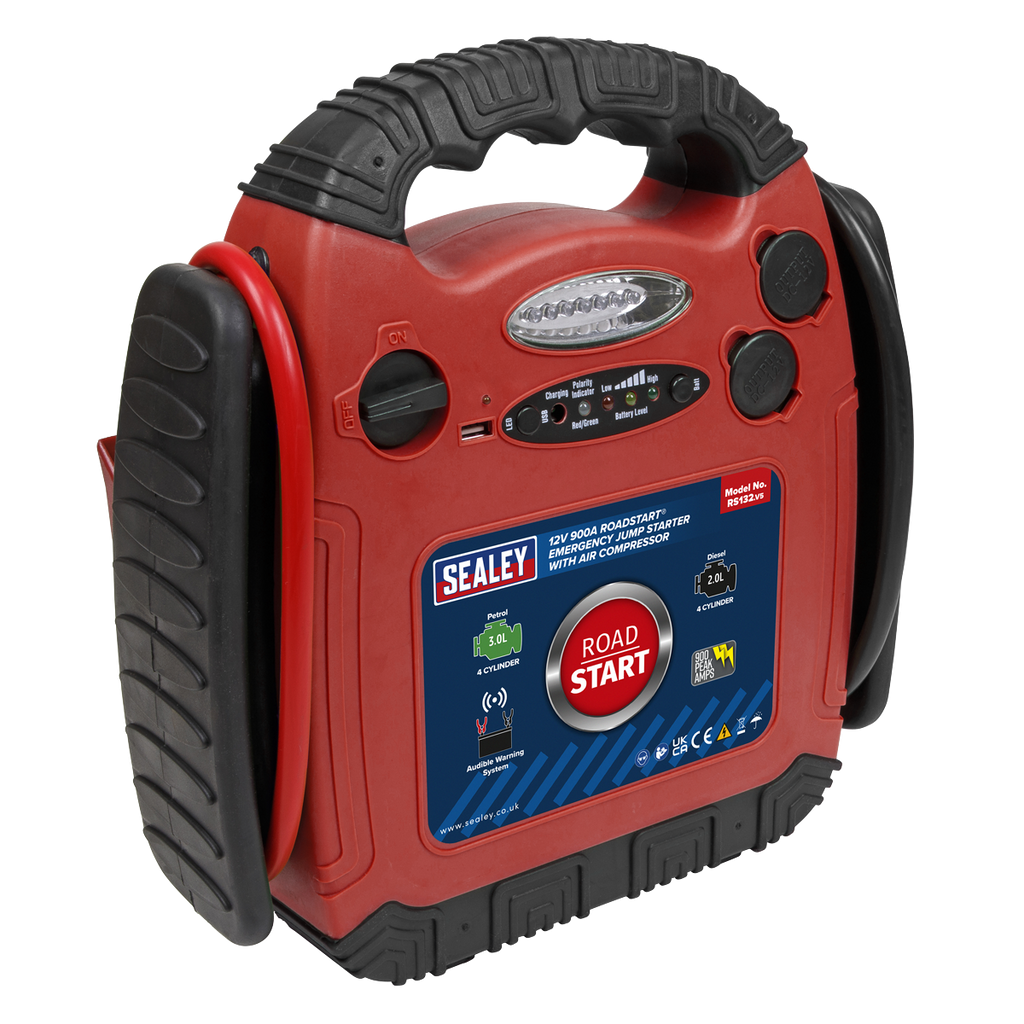 12V RoadStart® Emergency Jump Starter with Air Compressor 900 Peak Amps RS132