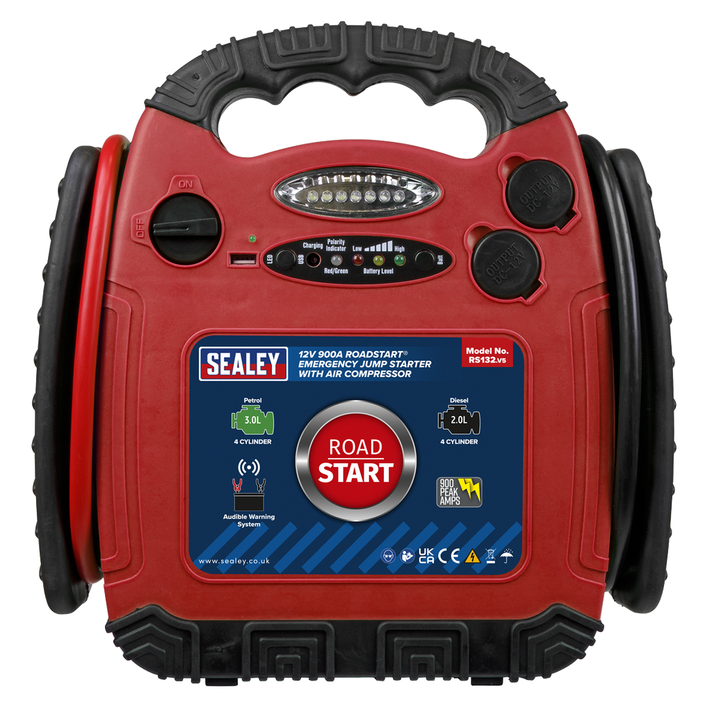 12V RoadStart® Emergency Jump Starter with Air Compressor 900 Peak Amps RS132