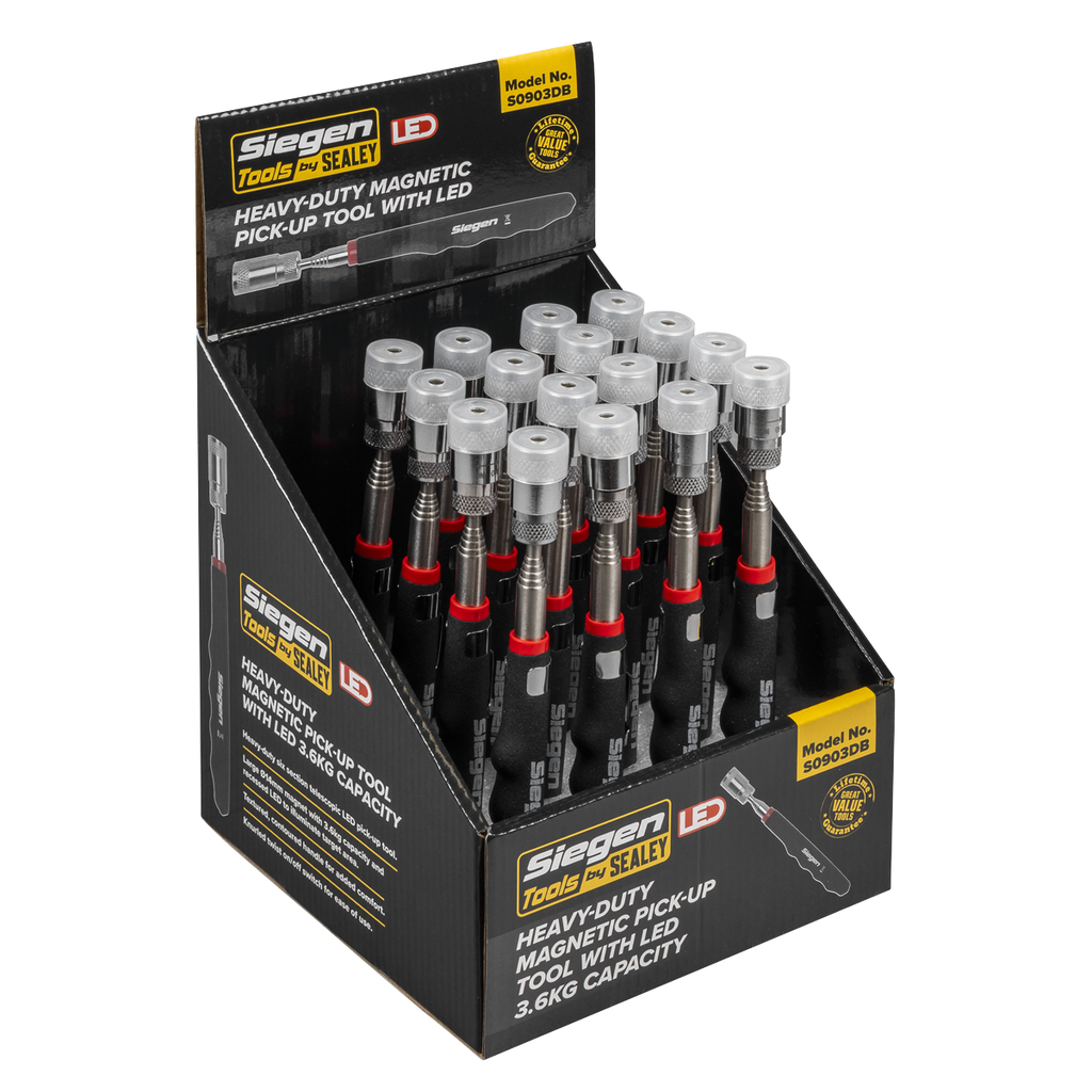 Heavy-Duty Magnetic Pick-Up Tool with LED 3.6kg Capacity - Display Box of 16 S0903DB