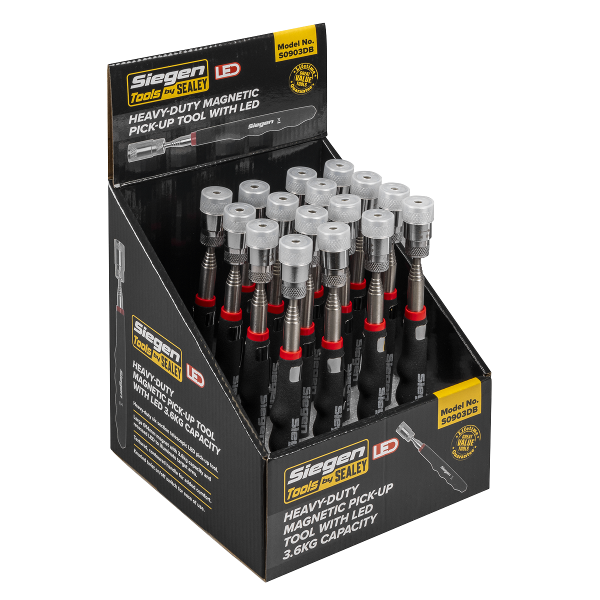 Heavy-Duty Magnetic Pick-Up Tool with LED 3.6kg Capacity - Display Box of 16 S0903DB