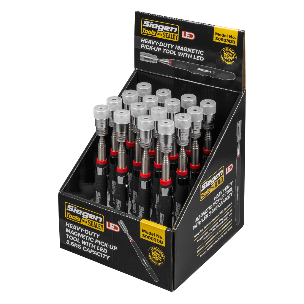 Heavy-Duty Magnetic Pick-Up Tool with LED 3.6kg Capacity - Display Box of 16 S0903DB