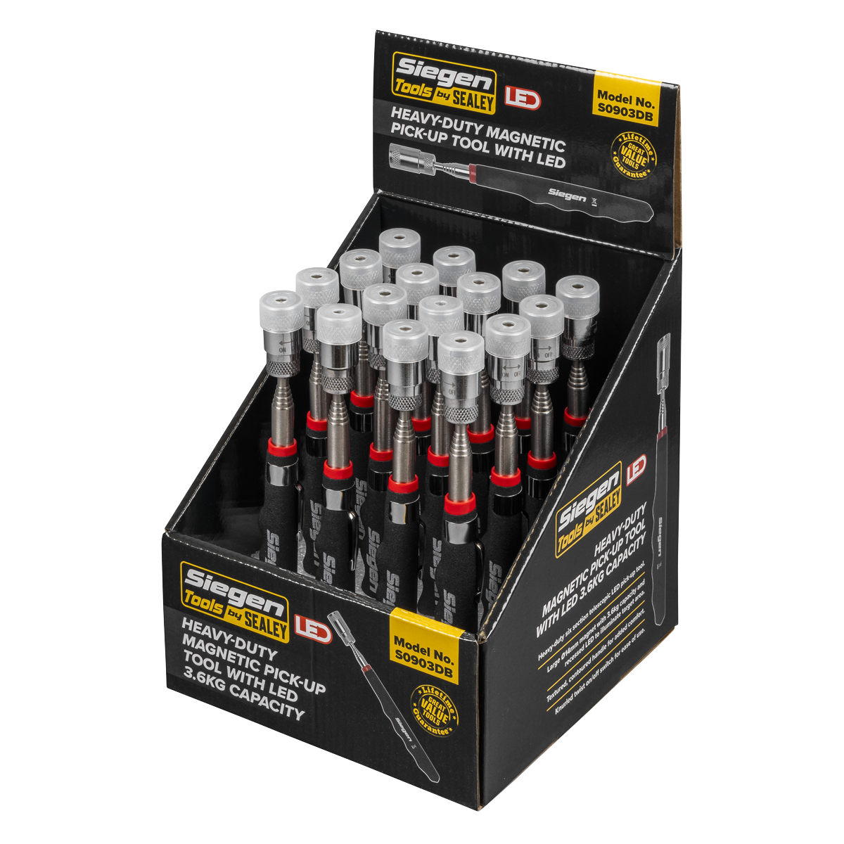 Heavy-Duty Magnetic Pick-Up Tool with LED 3.6kg Capacity - Display Box of 16 S0903DB