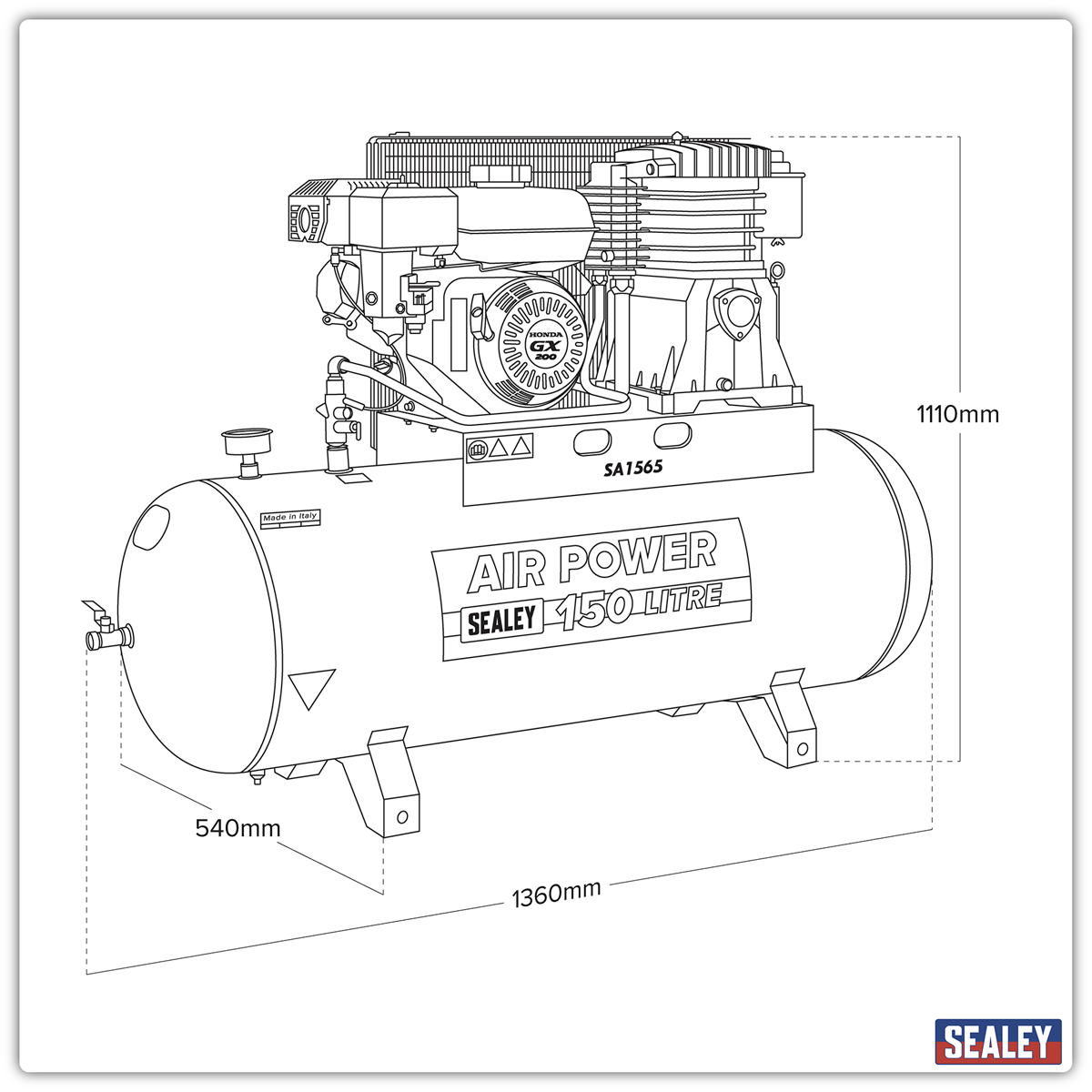 150L Belt Drive Air Compressor with Petrol Engine 6.5hp SA1565