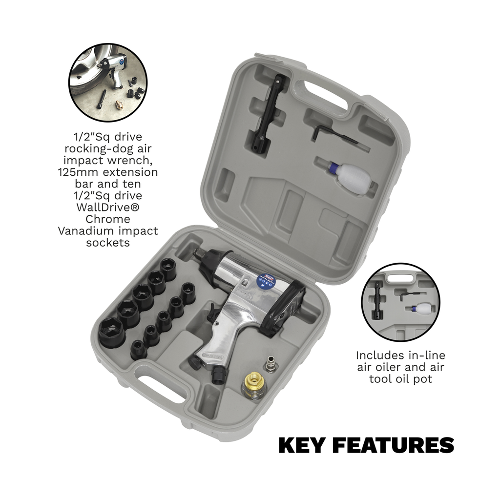 Air Impact Wrench Kit with Sockets 1/2"Sq Drive SA2/TS