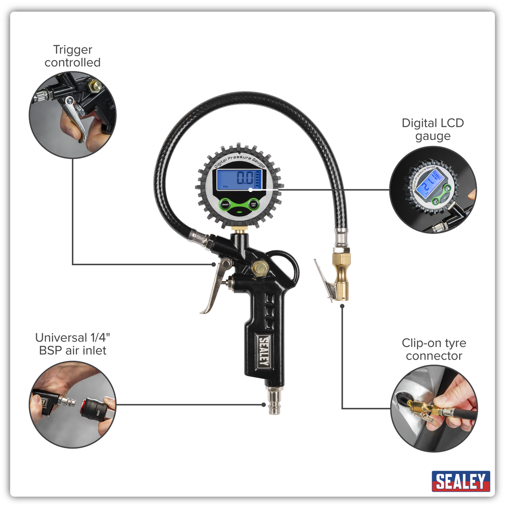 Digital Pistol Grip Tyre Inflator with Clip-On Connector SA332D