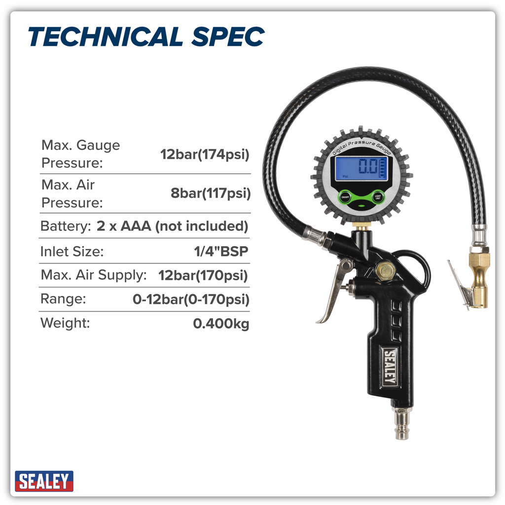 Digital Pistol Grip Tyre Inflator with Clip-On Connector SA332D