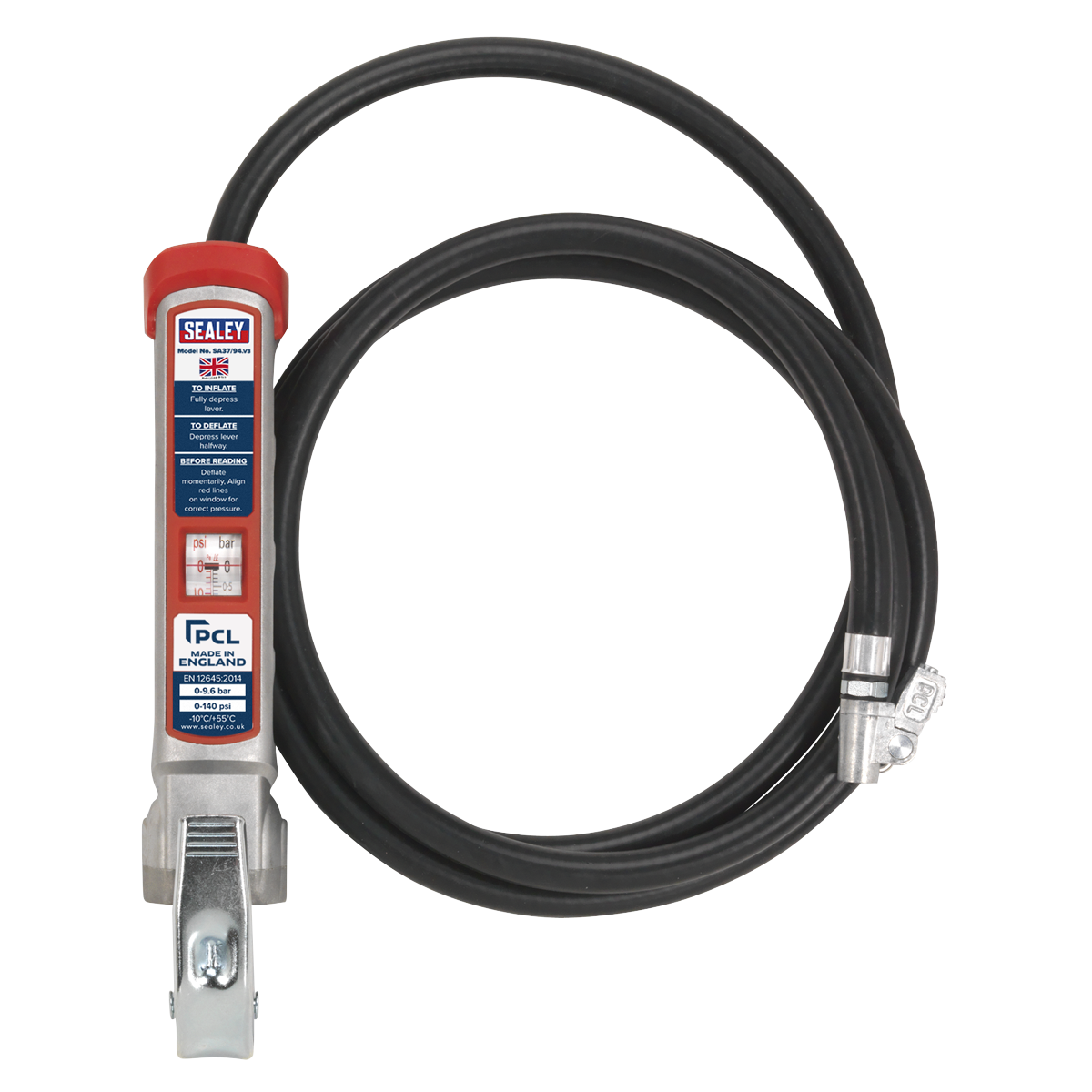PCL Professional Tyre Inflator with 2.5m Hose & Clip-On Connector SA37/94