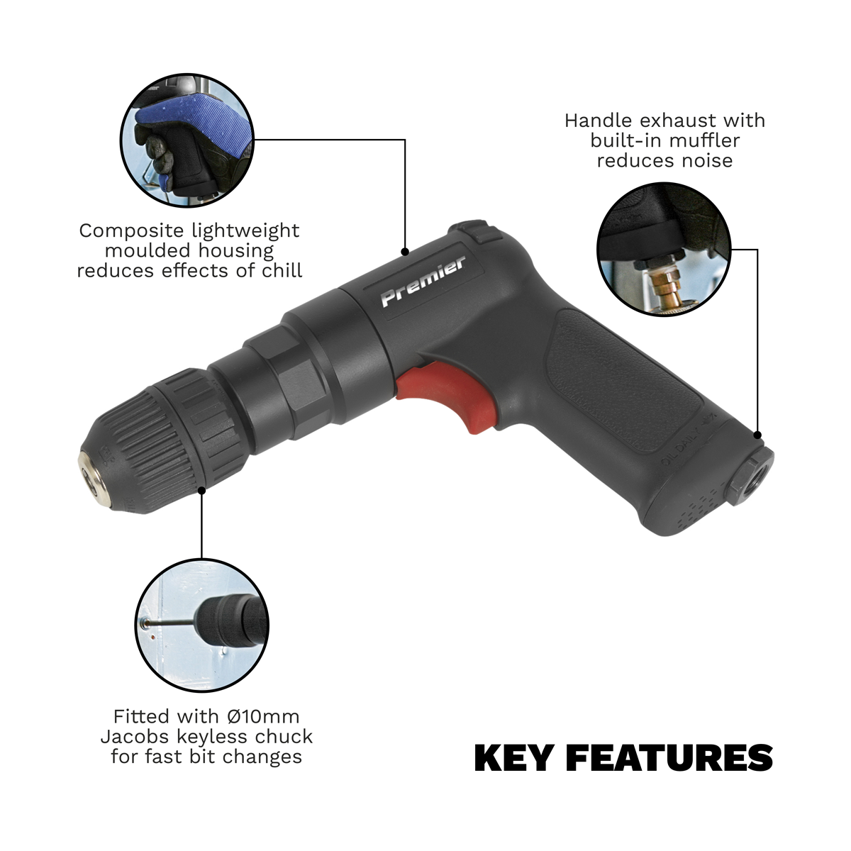 Composite Reversible Air Pistol Drill 10mm with Keyless Chuck SA620