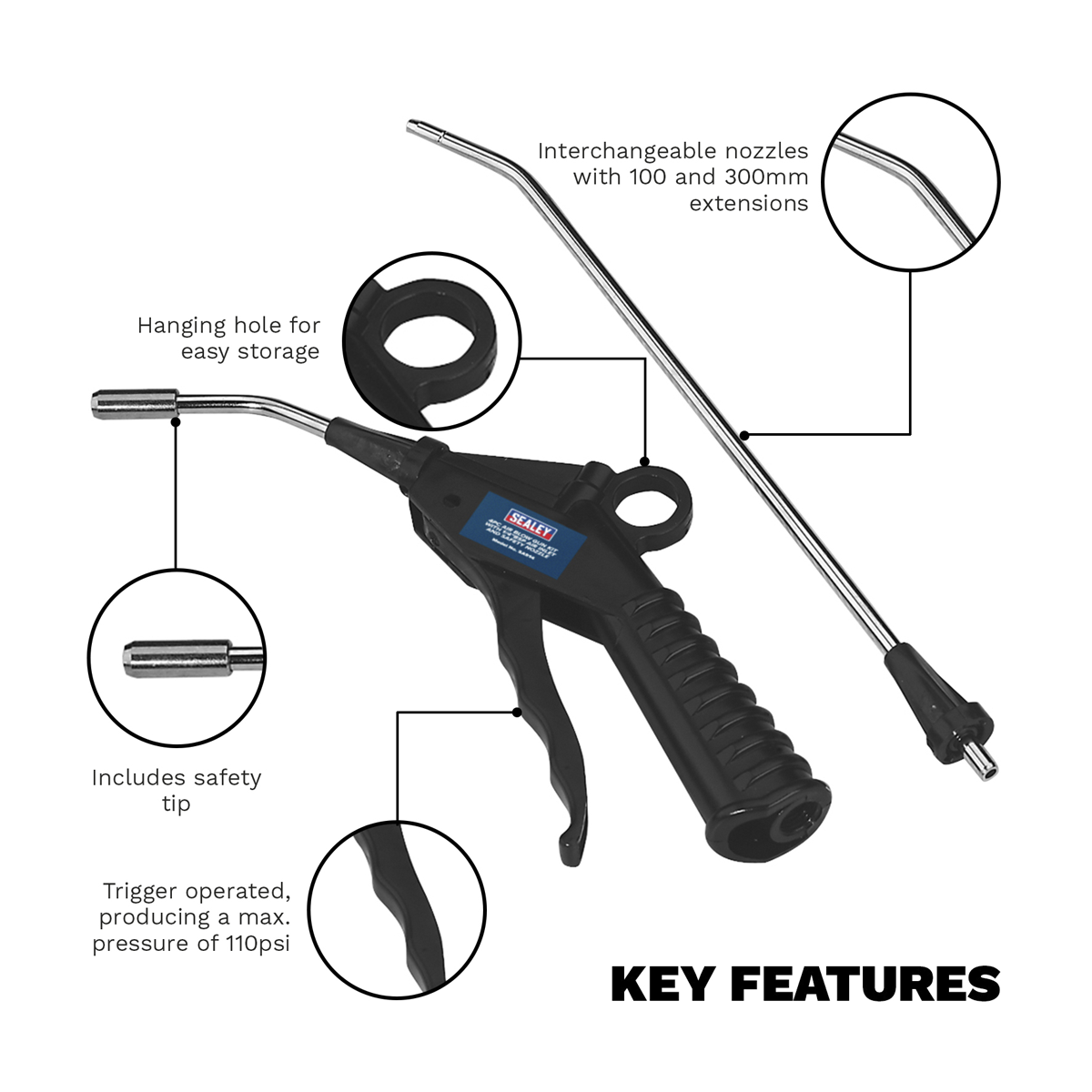 Air Blow Gun Kit with 1/4"BSP Air Inlet & Safety Nozzle 4pc SA914