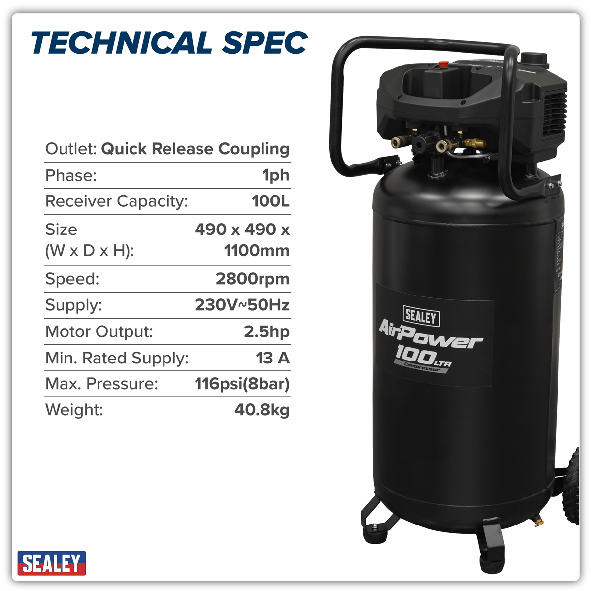 100L Oil Free Belt Drive Vertical Compressor 2.5hp SAC100V