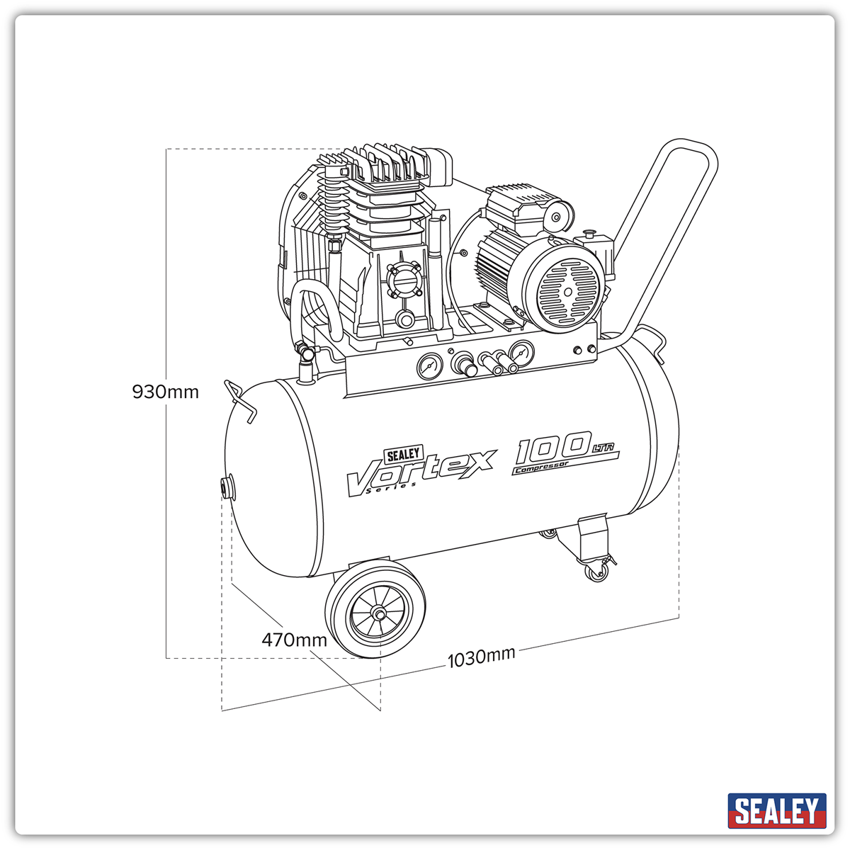 100L Belt Drive Air Compressor with Cast Cylinders & Wheels 3.5hp SAC1103B