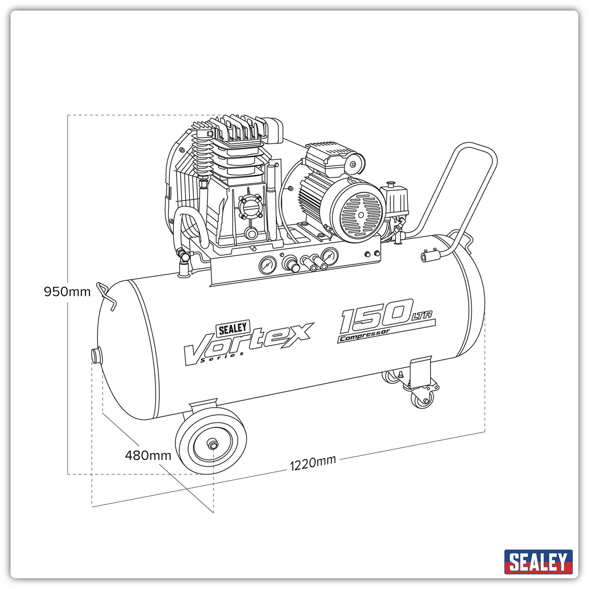 150L Belt Drive Air Compressor with Cast Cylinders & Wheels 3.5hp SAC1153B