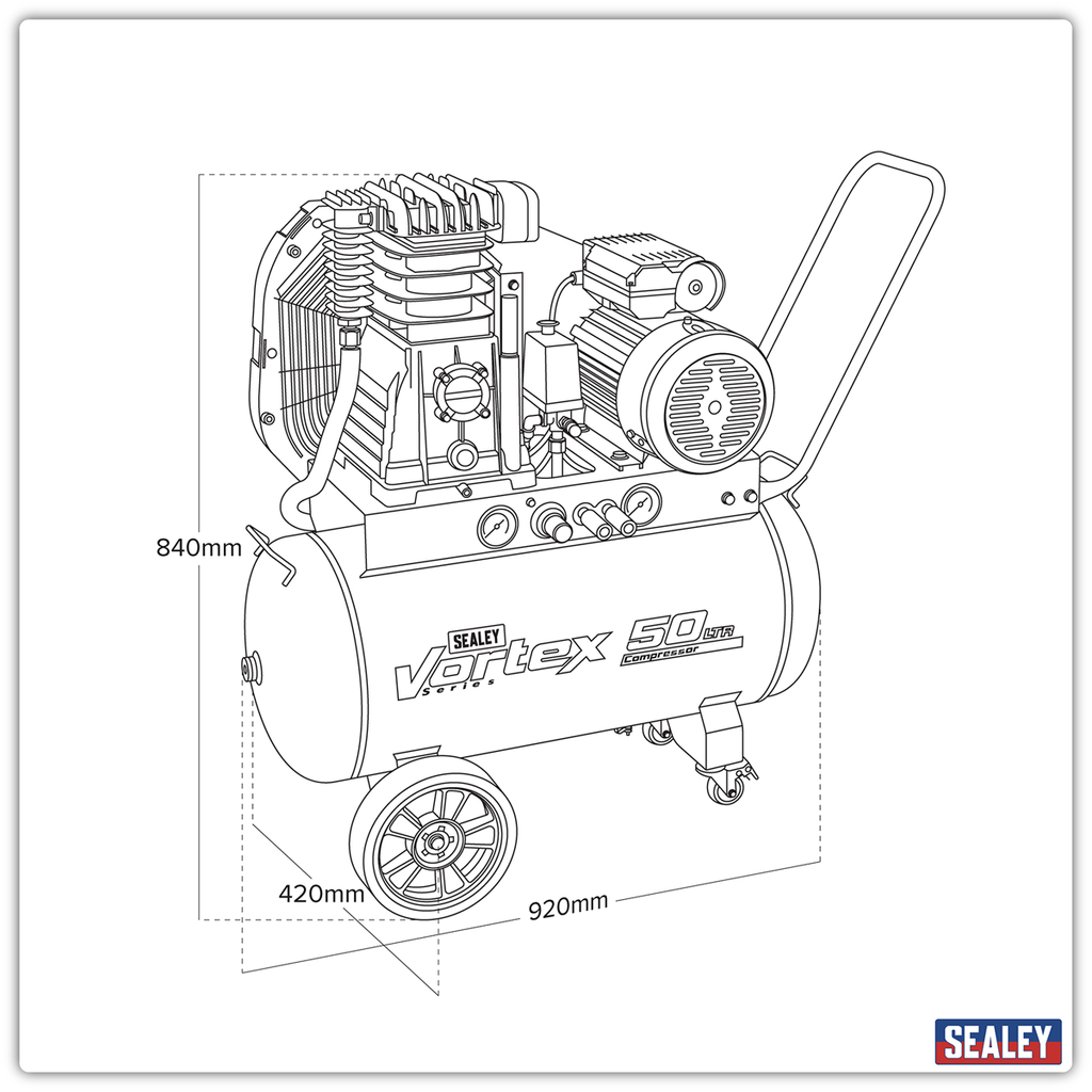 50L Belt Drive Air Compressor with Cast Cylinders & Wheels 3.5hp SAC1503B