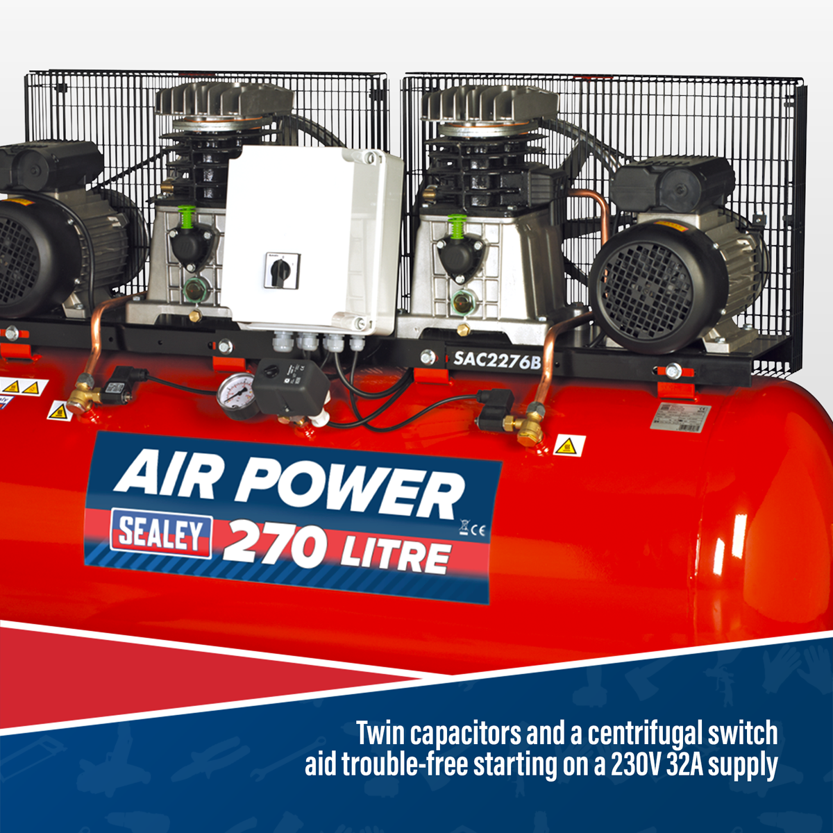 270L Belt Drive Air Compressor with Cast Cylinders 2 x 3hp SAC2276B