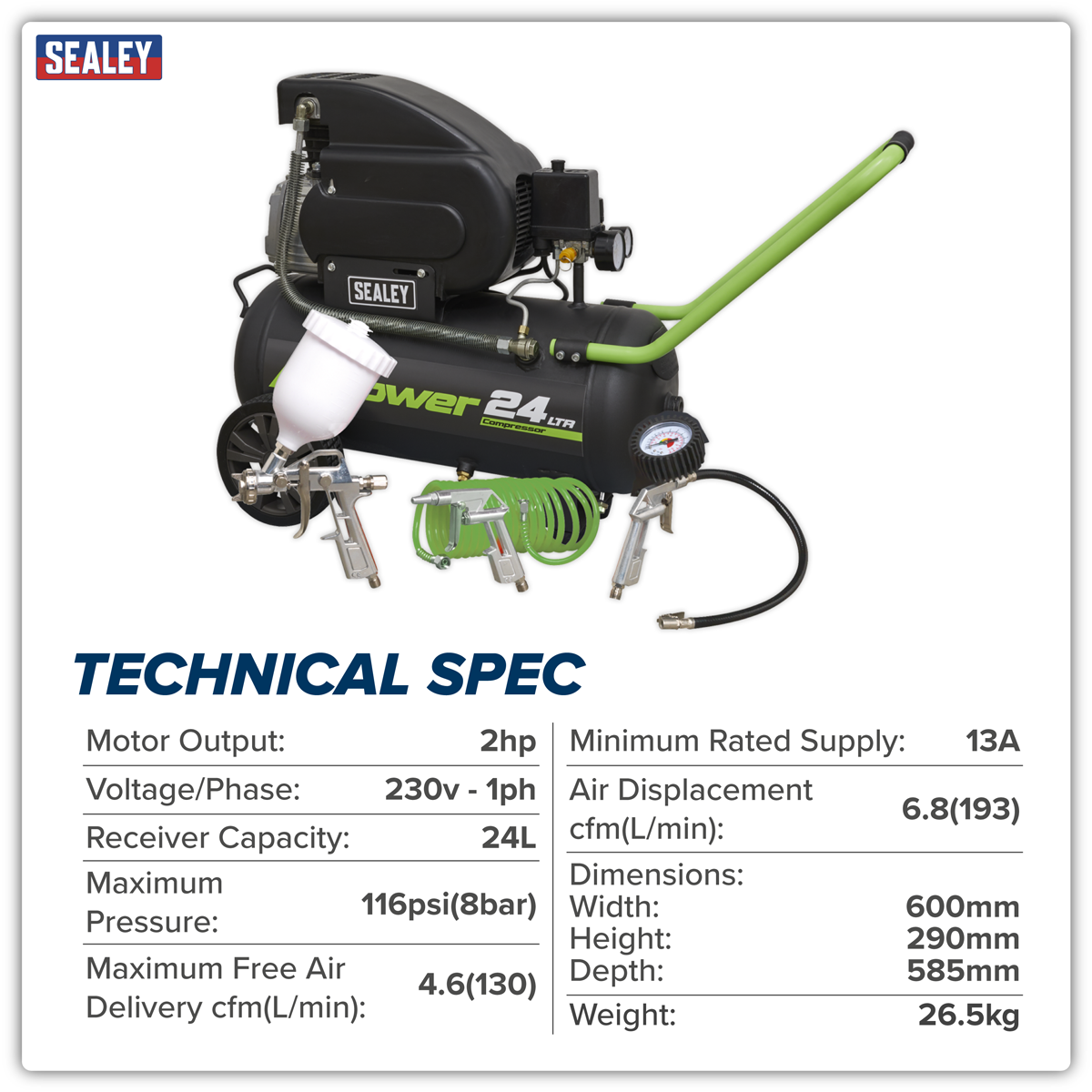 24L Direct Drive Air Compressor 2hp with 4pc Air Accessory Kit SAC2420EPK