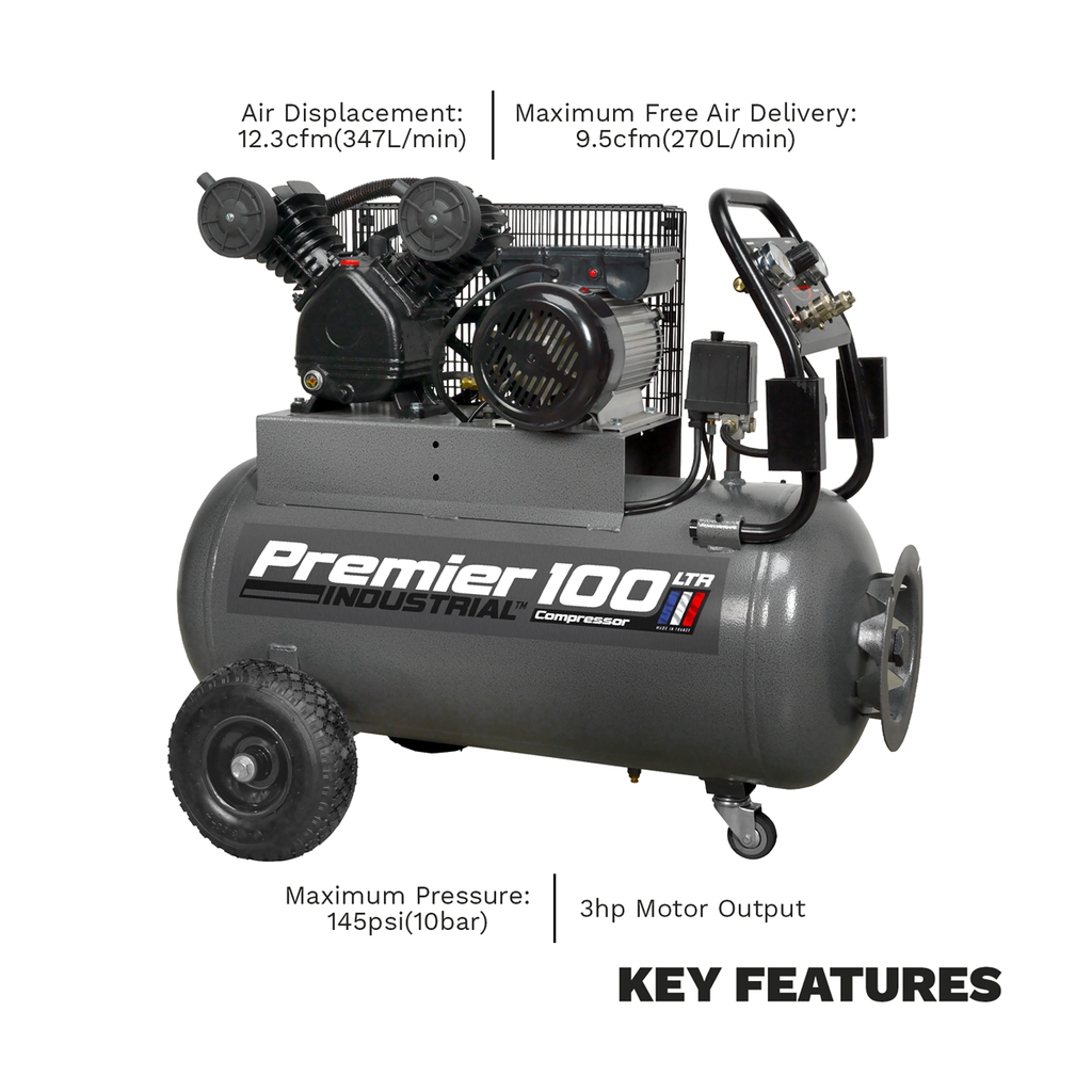 100L Belt Drive Air Compressor with Front Control Panel 3hp SAC3103B