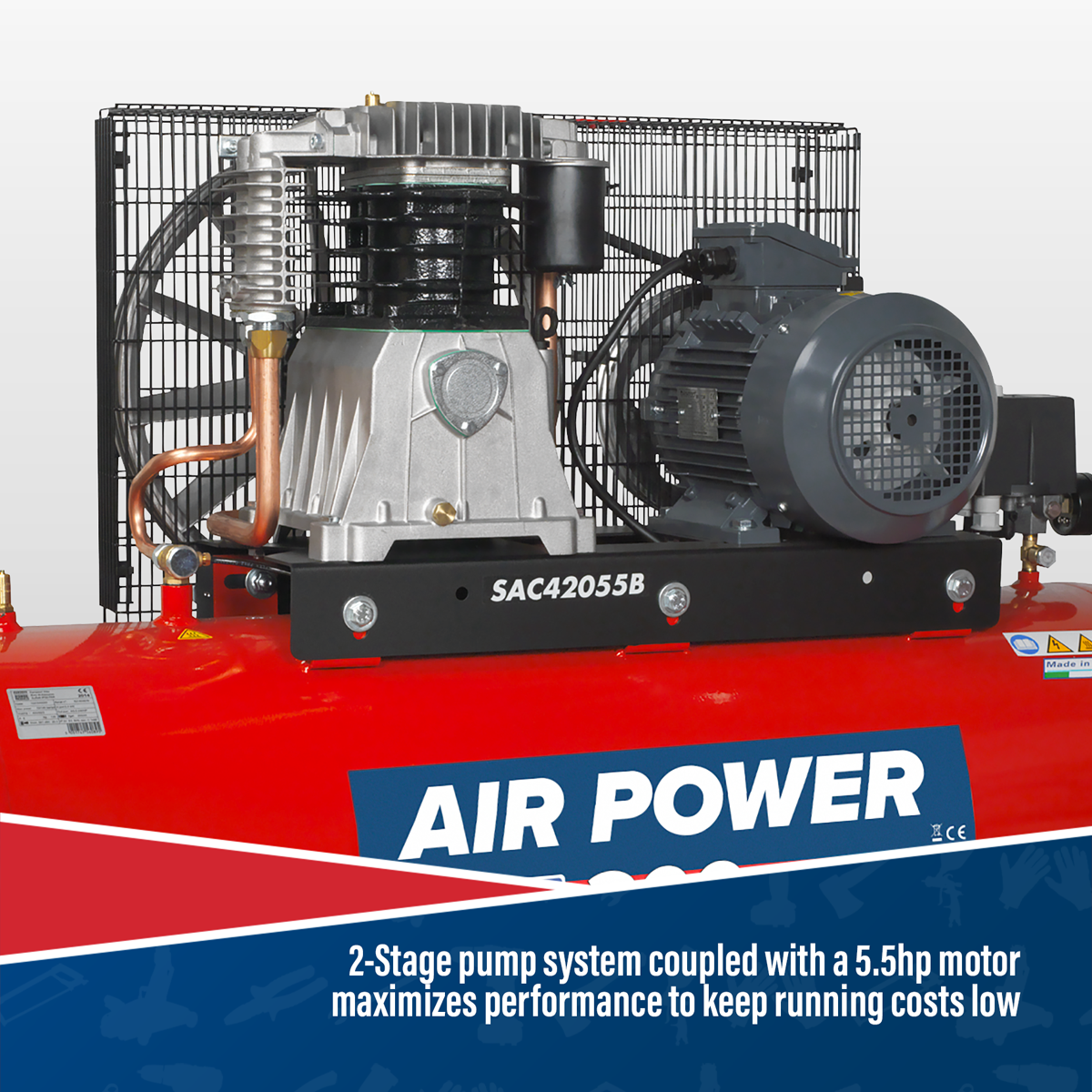 200L Belt Drive Air Compressor with Cast Cylinders 5.5hp 2-Stage SAC42055B